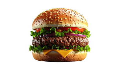 Delicious hamburger with sesame bun, lettuce, cheese, tomato, onion, and juicy patty on a black background
