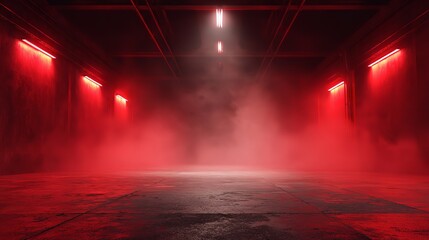 Red illuminated industrial space with smoky atmosphere for ominous or suspenseful backgrounds.
