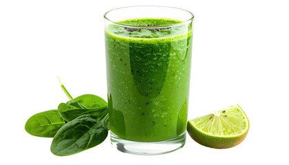 Vibrant green smoothie in a glass, with spinach leaves and a lime slice against a stark black background