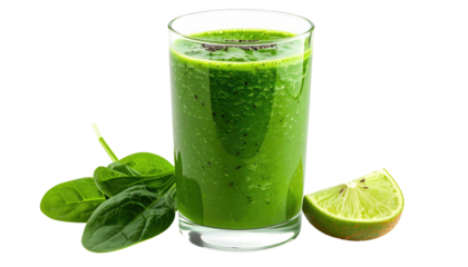 Vibrant green smoothie in a glass, with spinach leaves and a lime slice against a stark black background