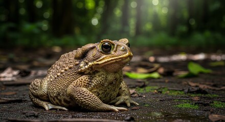Obraz premium A close-up view of a large toad resting on a forest floor, observing the surroundings.