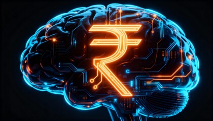 AI in Finance and Economic Strategy with a Glowing Rupee and Brain