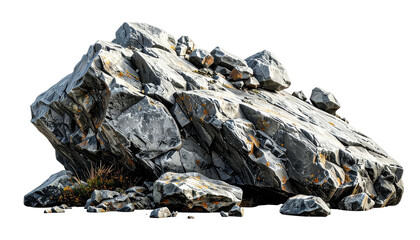 Gray rocky formation with textures, and small touches of yellow moss isolated on black