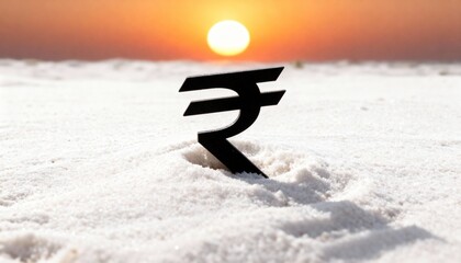 Silhouette of an Indian Rupee Symbol in a White Sand Desert at Sunset