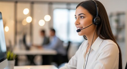 Young female call center agent wearing headset, smiling while communicating, typing on keyboard, modern office background with warm lighting, friendly service energy, ultra realistic portrait