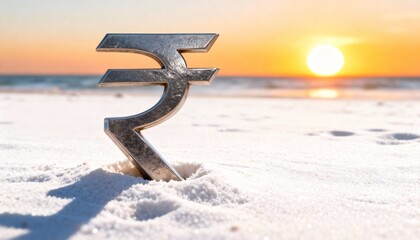 Indian Rupee Currency Symbol on a Sandy Beach with an Ocean Sunset