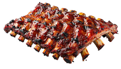 Glazed rack of ribs, richly colored, reflecting light with delicious texture on a dark background