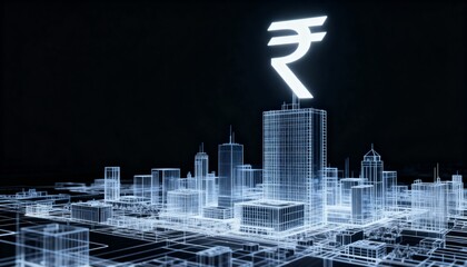 Futuristic 3D Hologram of an Indian Rupee in a Metropolitan City