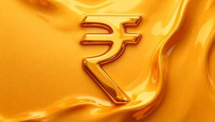 Golden Indian Rupee Symbol Submerged in Flowing Liquid Gold Texture