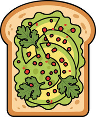 Close-up of avocado toast with cilantro and red pepper flakes on a slice of bread.