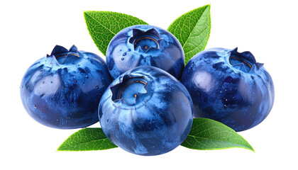 Glossy, close-up of four blueberries with leaves against a dark background