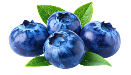 Glossy, close-up of four blueberries with leaves against a dark background