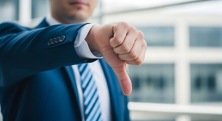 Close up of a businessman in a dark blue suit and striped tie giving a thumbs down gesture with his hand in front of a blurred office building background