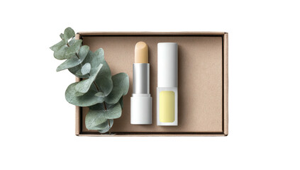 Beige lipsticks and eucalyptus in a craft box, presented overhead, showcasing neutral makeup and natural elements