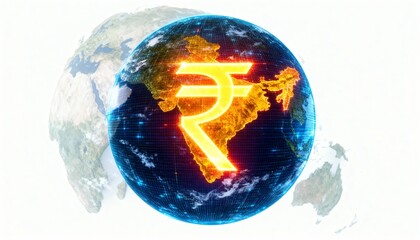 Digital Indian economy with glowing rupee symbol over a map of India