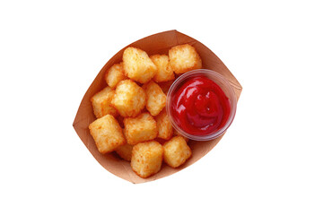 Overhead shot potato nuggets in a cardboard container with ketchup on a dark background