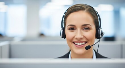 A call center representative wearing a headset, smiling while providing friendly customer support, positive and welcoming facial expression, professional workplace setting, smooth soft-focus backgroun
