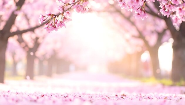 A blossom-lined path of pink petals, bathed in warm sunlight