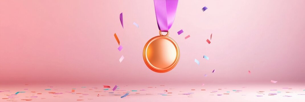 Golden medal with ribbon and colorful confetti celebration