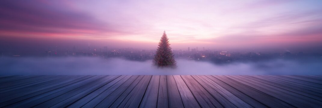 Christmas tree amidst foggy cityscape at sunset - Powered by Adobe