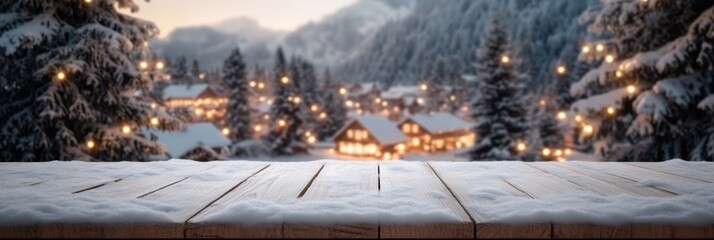 Snowy winter village with festive lights and wooden platform