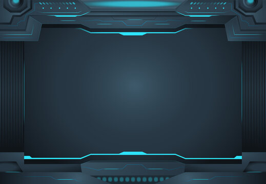 Futuristic blue neon technology background featuring glowing lines, modern geometric shapes, and a dark cyber interface frame. Ideal for gaming layouts, digital dashboards, sci-fi concepts, and techno