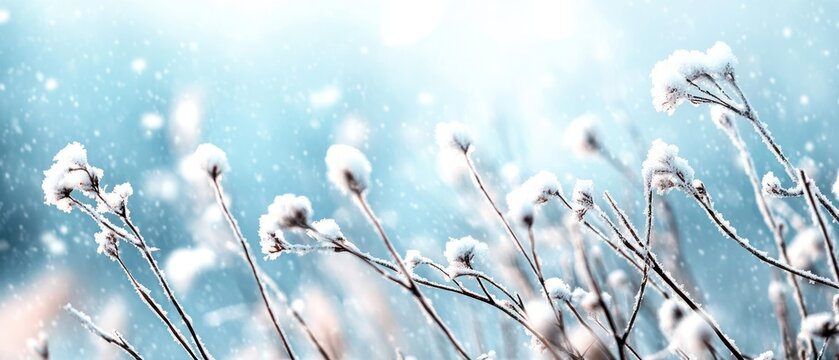 Blue Winter wonderland panorama of snow covered branches of dry grass close-up photo for wallpaper. - Powered by Adobe