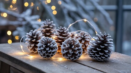 A rustic arrangement of frosted pinecones intertwined with warm glowing fairy lights on a wooden surface evoking a cozy winter atmosphere