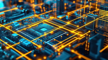 Neon yellow lines. Close-up of mining equipment for crypto-bitcoins; ether. Motherboards future.
