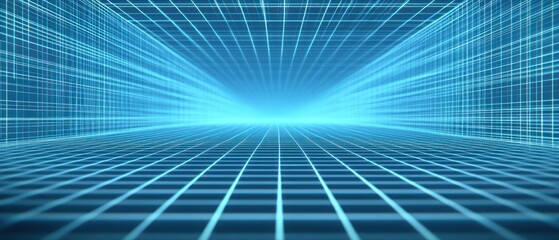Perspective grid with abstract lines on a digital retro background. Wireframe cyber landscape modern network mesh.