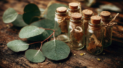 Small glass bottles with essential oil placed among eucalyptus leaves on rustic wood, symbolizing aromatherapy, natural healing and botanical wellness concept