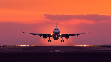Airplane landing at sunset with vibrant sky