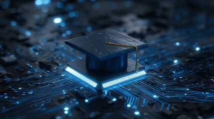 Digital graduation: A mortarboard rests on a glowing microchip platform
