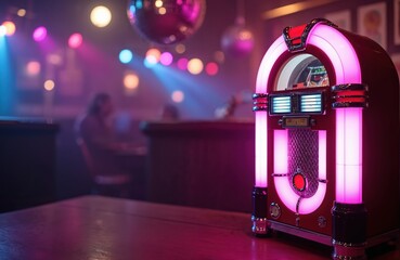 Retro jukebox glows with pink neon lights in dimly lit bar, disco ball reflects colors. People are blurred in background enjoying music and drinks at night.