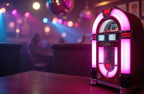 Retro jukebox glows with pink neon lights in dimly lit bar, disco ball reflects colors. People are blurred in background enjoying music and drinks at night.