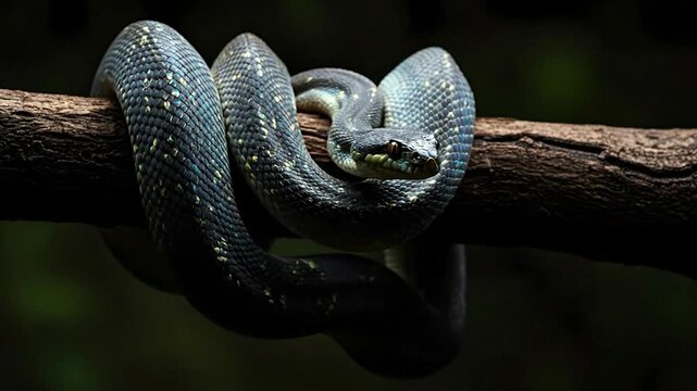 Green tree python coiled around a branch against blurred foliage