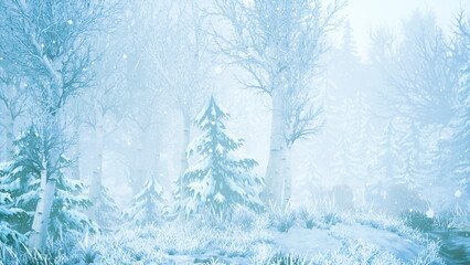 A serene landscape showcases a forest enveloped in a blanket of fresh snow. Snowflakes dance softly through the crisp air, creating a magical, peaceful atmosphere in winter.