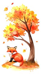 Watercolor illustration of a fox under an autumn tree