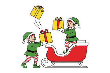 Obraz premium Christmas Elves Loading Sleigh – Festive Gift Scene with Holiday Characters