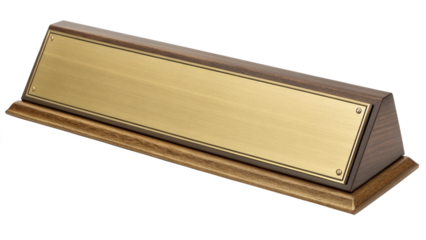 A wooden desk nameplate with a brass insert and decorative border, isolated on transparent background
