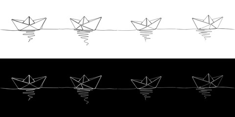 Fototapeta premium Paper boats floating on calm water, image set, seamless border, mental health, calmness, and serenity, isolated vector image in line art style, on transparent and black backgrounds