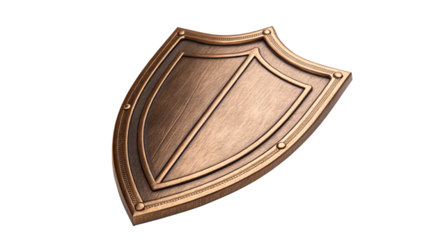 A bronze shield with a decorative border and embossed design, isolated on transparent background