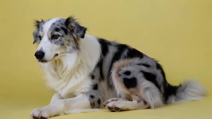 herding dog breed known for its intelligence appearing timid or reserved positioned in front of a solid bright yellow