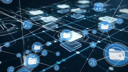 Abstract digital network connecting data files and music notes with glowing lines on dark blue background - Powered by Adobe