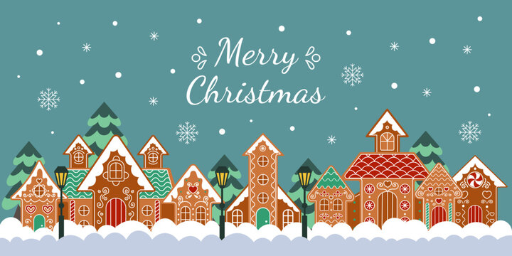 Gingerbread house. Town in winter landscape. Christmas card design, holiday lettering. Snowy sky panorama, cute decoration, seasonal celebration. Vector tidy cartoon flat style isolated illustration