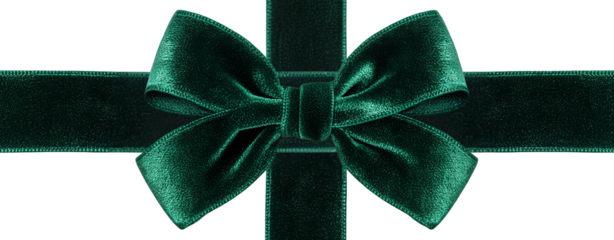 Isolate transparent with green velvet ribbon tied into a bow in horizontal layout ,green velvet ribbon tied into a bow with realistic texture, green velvet ribbon tied into a bow for PNG die-cut.