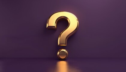 Gold question mark on purple background. 3D render of query symbol. Design element for presentations articles. Concept of questions and answers support help.