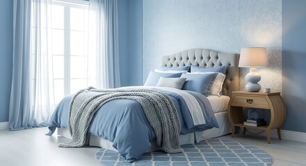 Elegant Blue Bedroom Interior with Tufted Headboard and Natural Light.