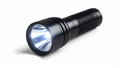 Black handheld flashlight with textured grip and reflective cone, emitting bright white light on clean white background.