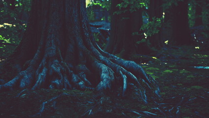 Sunlight filters through tall trees, illuminating the knotted roots of an old tree. The forest feels alive with vibrant shades of green and shadows, creating a magical atmosphere.